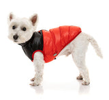 Red Lightweight and waterproof puffer jacket on dog by FuzzYard