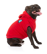 Staffy wearing Red Yardsters Hoodie For Dogs