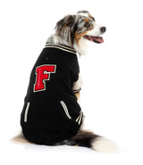 Medium dog wearing The Letterman Jacket in black