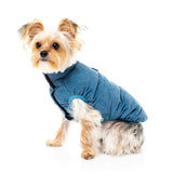 small dog wearing the Mosman puffer Jacket In washed blue