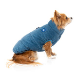 small dog wearing the Mosman puffer Jacket In washed blue