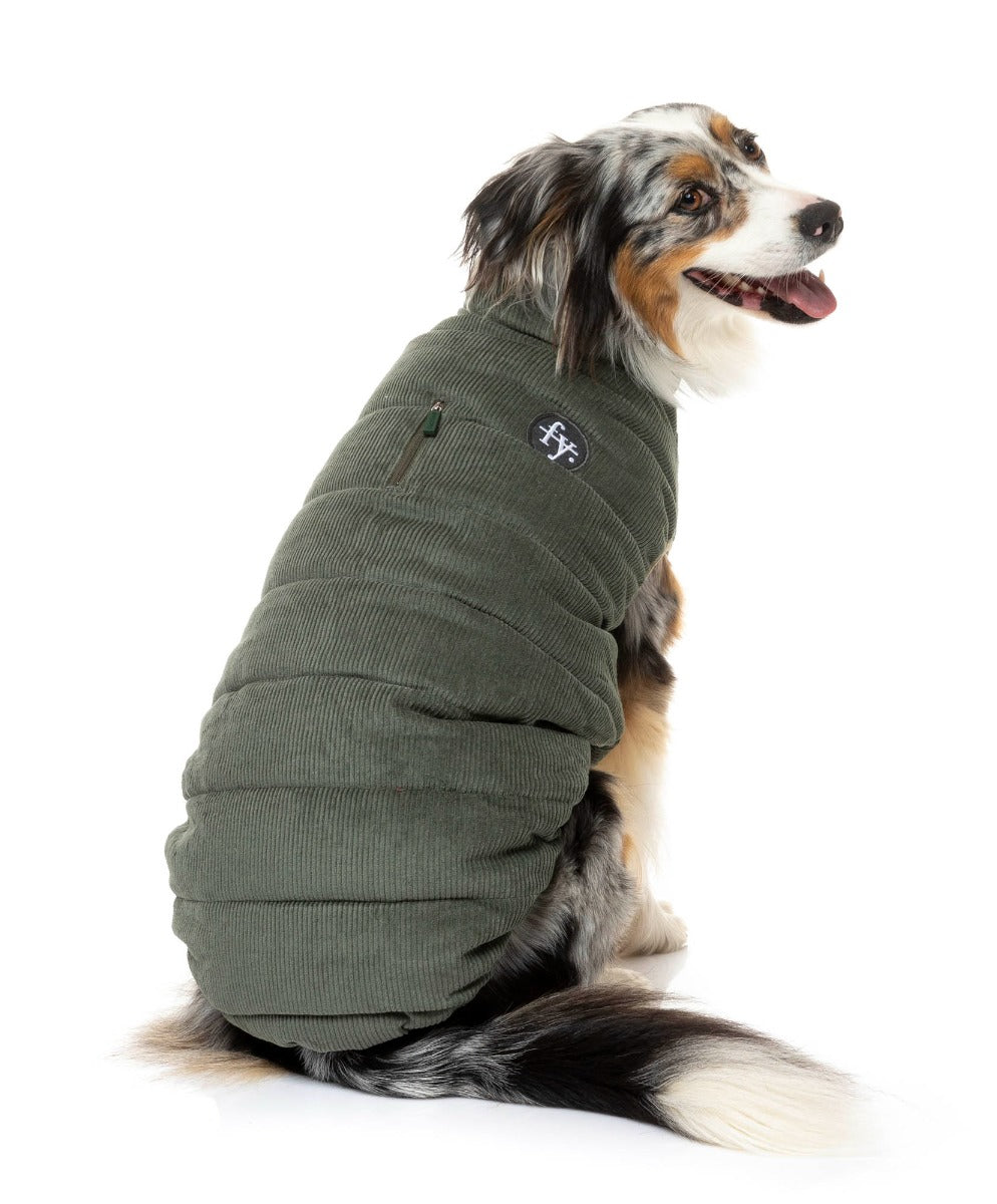 shibu wearing the Mosman Puffer Jacket In Khaki for dogs by FuzzYard