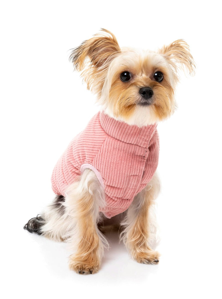 small dog wearing Mosman puffer Jacket In pink by fuzzyard