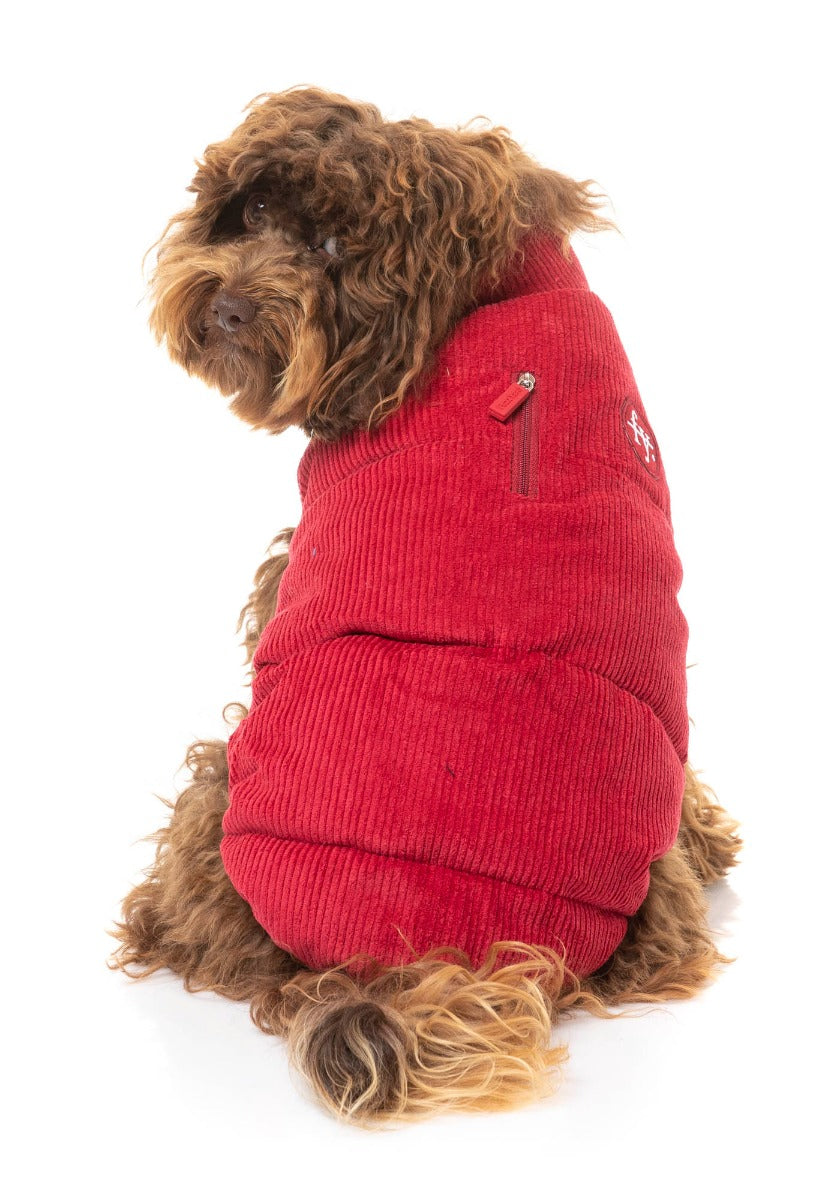 small dog wearing Mosman Puffer Jacket In Red - FuzzYard