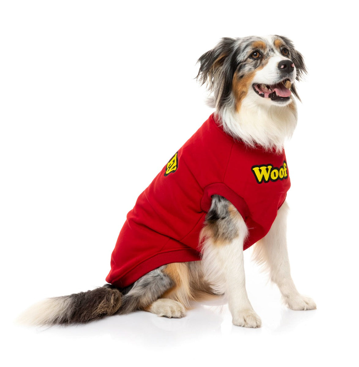 large dog wearing The Woof Sweater in red by FuzzYard
