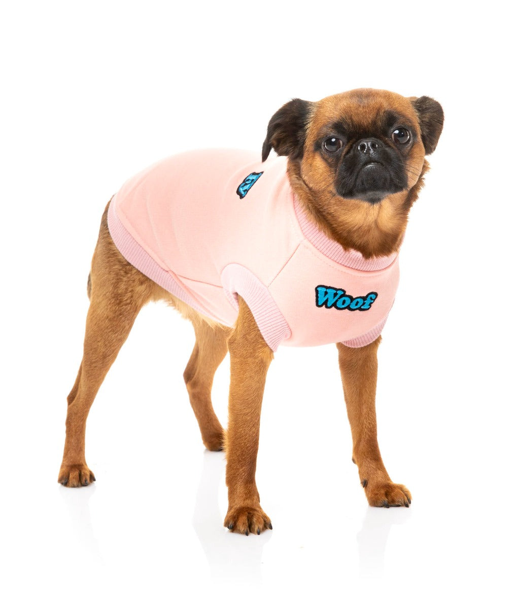 small dog wearing The Woof Sweater in pink by FuzzYard