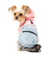 large dog wearing The Seattle Jacket in pink and grey by FuzzYard.