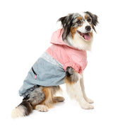 large dog wearing The Seattle Jacket in pink and grey by FuzzYard.