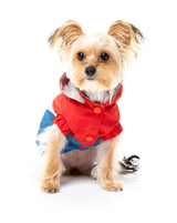 small dog wearing The Seattle Jacket in red and blue by FuzzYard.