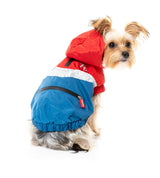tiny dog wearing The Seattle Jacket in red and blue by FuzzYard.
